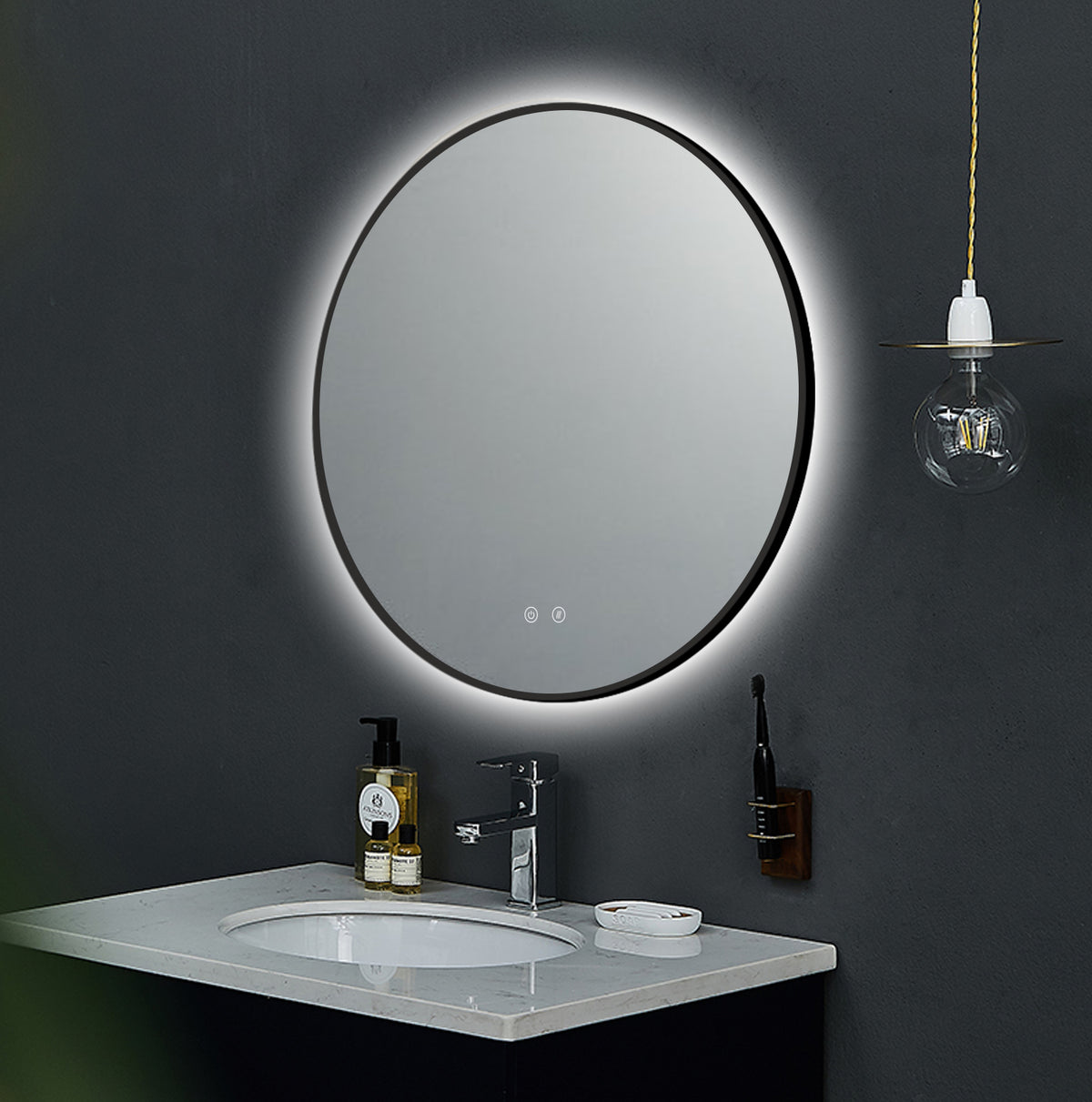 ARES Black buet LED-baderomsspeil med antidugg