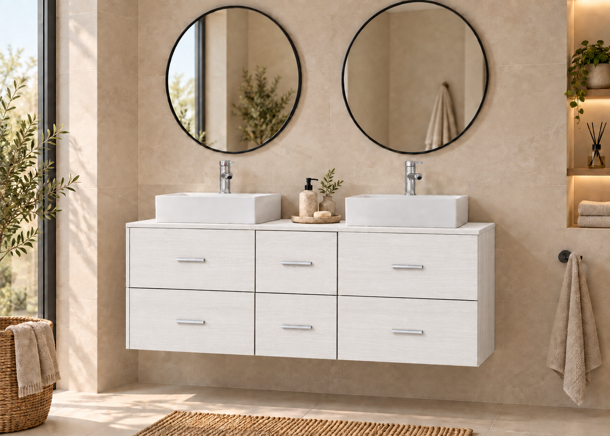 Mueble de baño MILOS 121 en Blanco nórdico con dos lavabos LIBRA